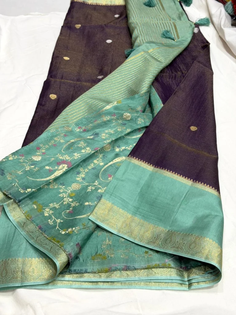 Dark Blue & Aqua Blue Munga Silk Saree – detail view