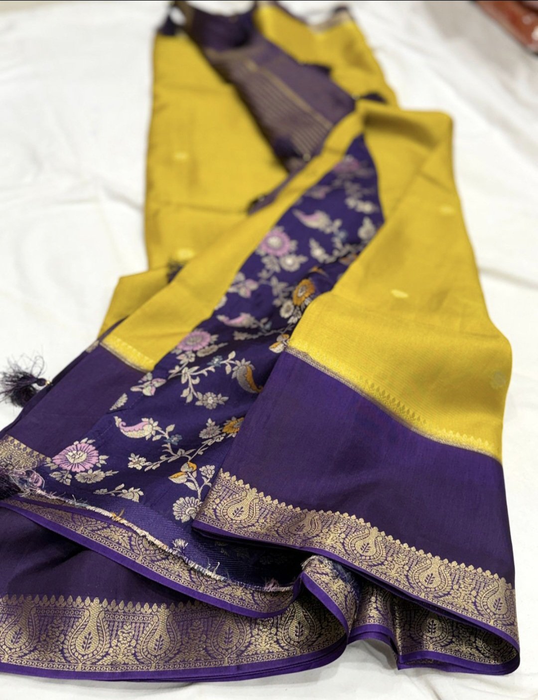 Mustard Yellow & Royal Purple Munga Silk Saree